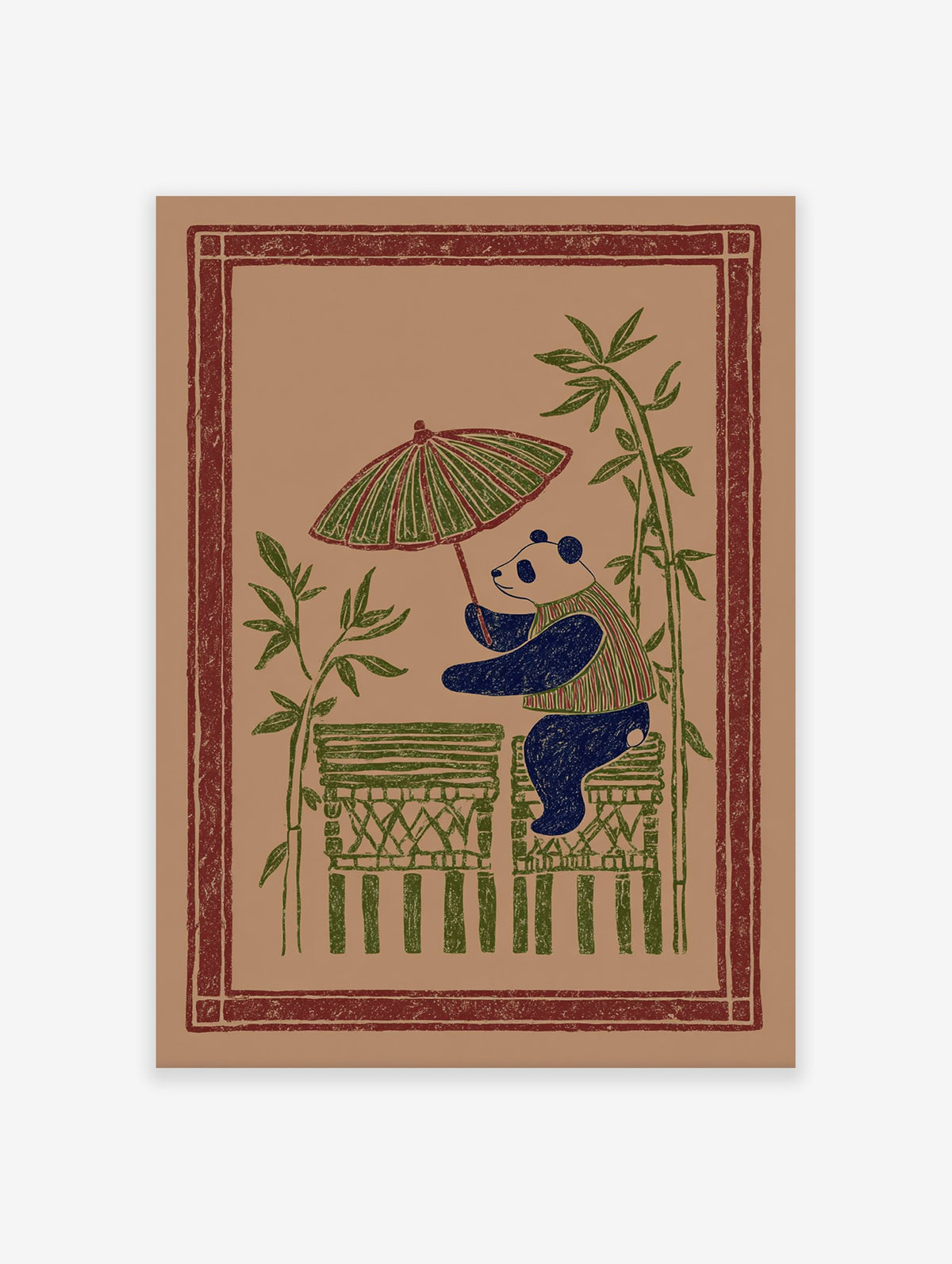 Illustrated panda art print holding an umbrella surrounded by bamboo on a brown background, in a folk art style.