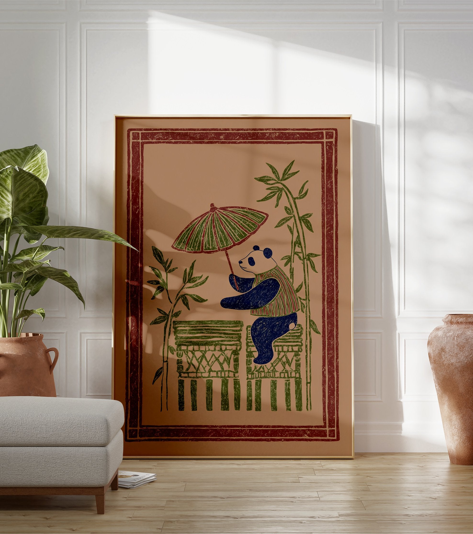 Illustrated panda art print holding an umbrella surrounded by bamboo on a brown background, in a folk art style. - Image 3