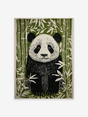 Linocut style illustration of a giant panda sitting among green bamboo stalks and leaves
