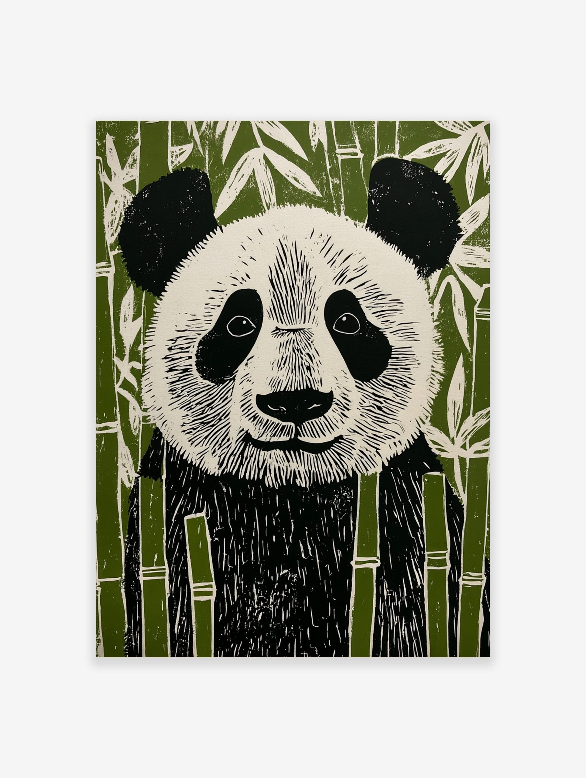 Illustrative linocut style panda bear art print in black, white, and green bamboo forest