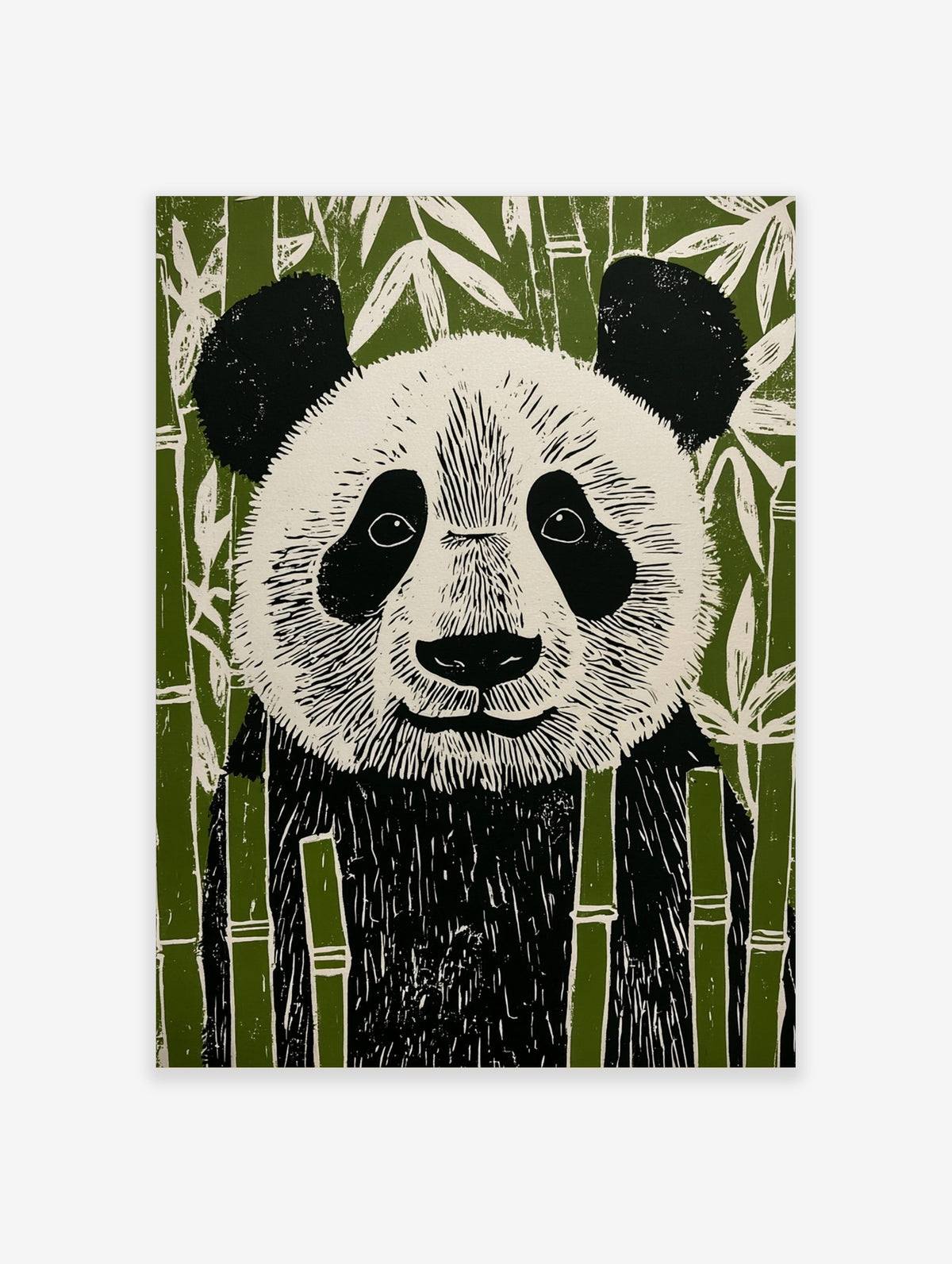 Illustrative linocut style panda bear art print in black, white, and green bamboo forest