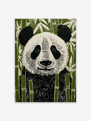 Illustrative linocut style panda bear art print in black, white, and green bamboo forest