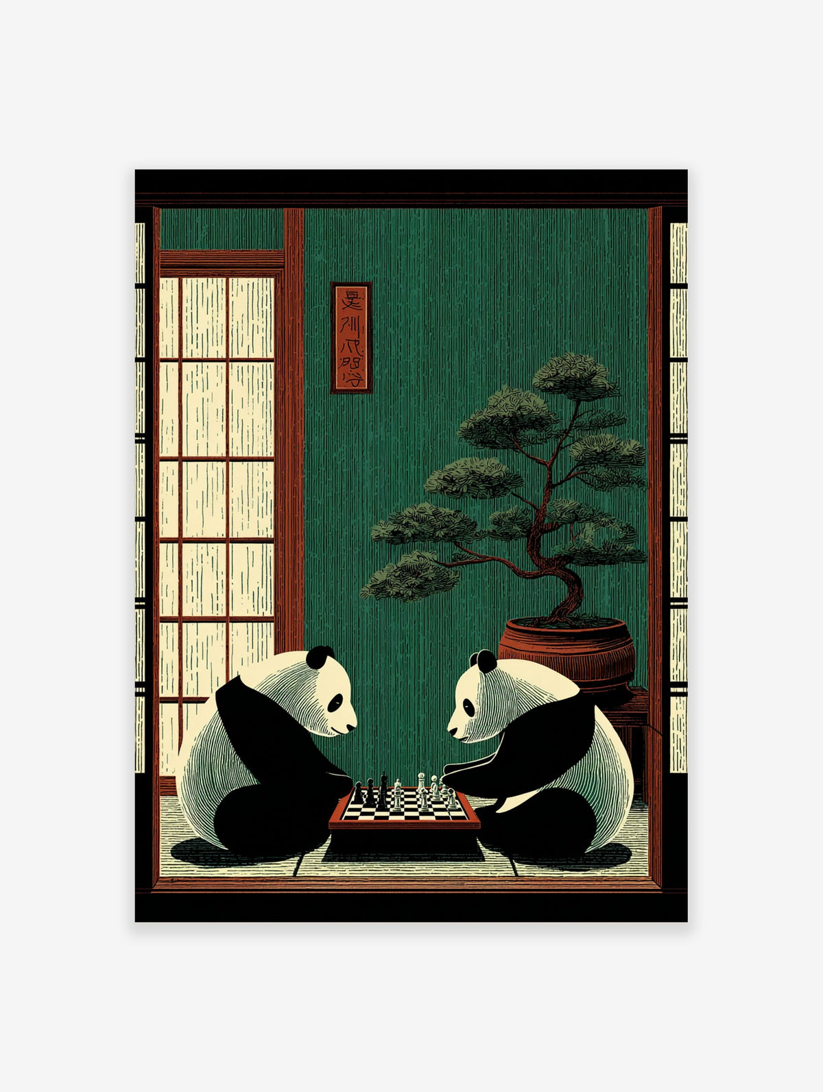 Illustrative print of two pandas playing chess in a traditional Japanese room with a bonsai tree and shoji screens