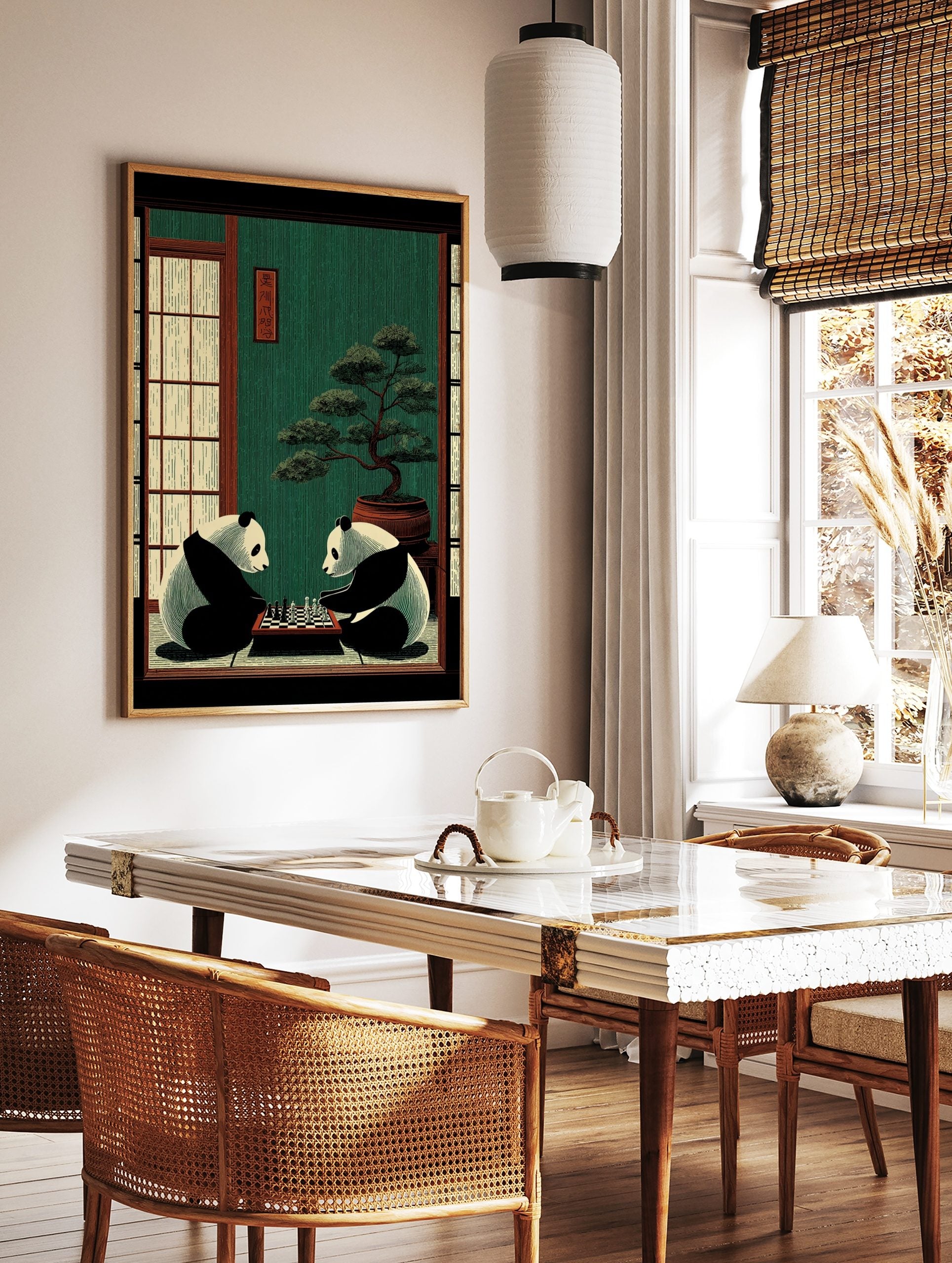 Illustrative print of two pandas playing chess in a traditional Japanese room with a bonsai tree, in a styled room mockup