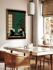 Illustrative print of two pandas playing chess in a traditional Japanese room with a bonsai tree, in a styled room mockup