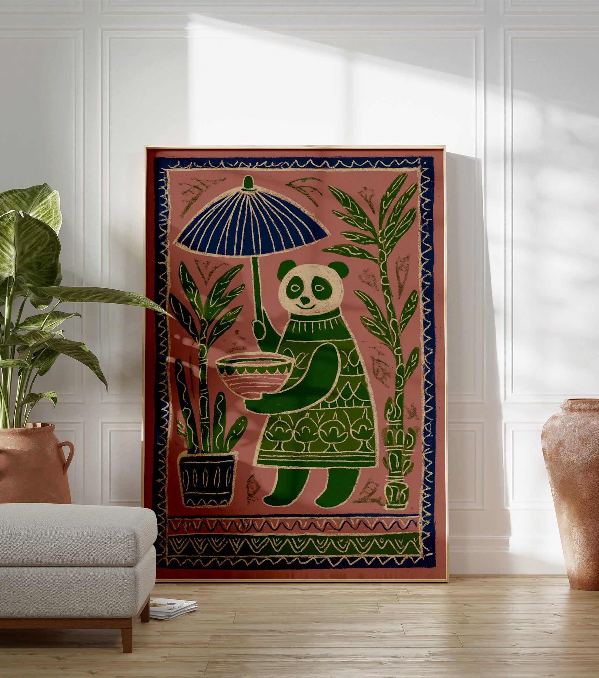 Folk art illustration of a panda holding an umbrella, surrounded by green bamboo and plants in a pinkish-brown background. - Image 3