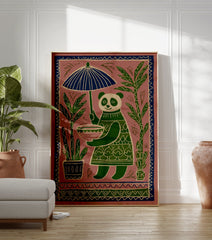 Folk art illustration of a panda holding an umbrella, surrounded by green bamboo and plants in a pinkish-brown background. - Image 3
