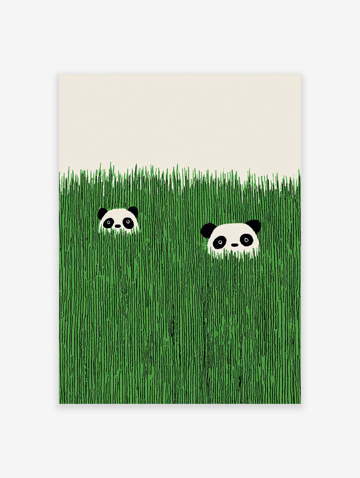 Minimalist illustration of two cute panda faces peeking from tall green grass.