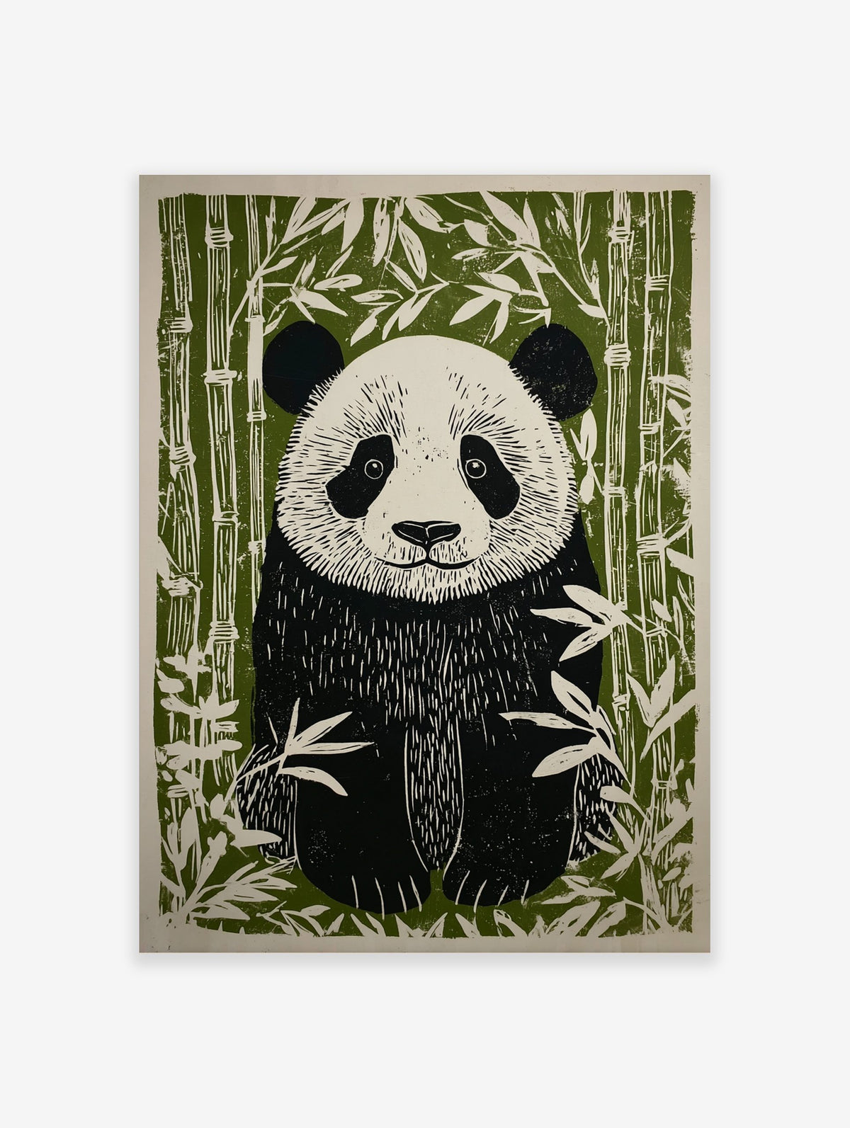 Linocut-style illustration of a black and white panda with green bamboo stalks and leaves