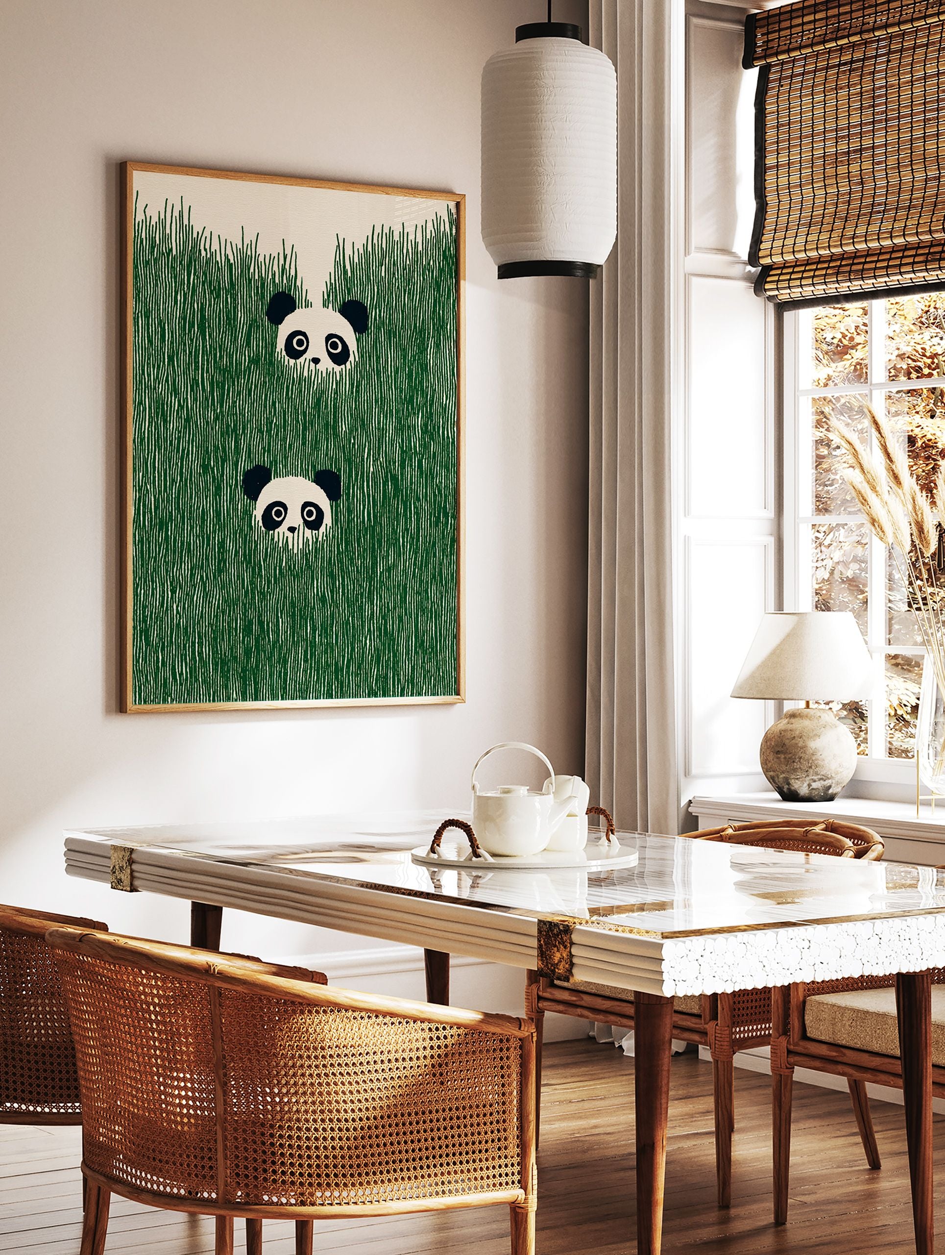 Two cute panda faces peeking out of tall, vibrant green grass in an illustrative wall art print. - Image 2