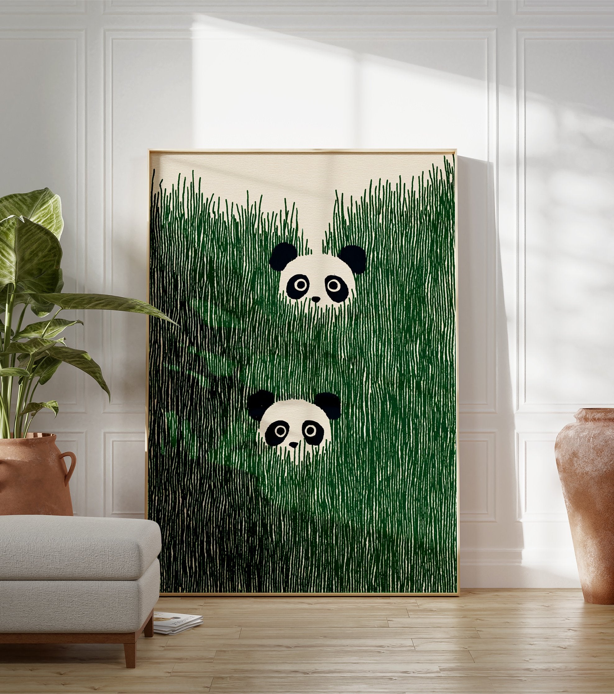 Two cute panda faces peeking out of tall, vibrant green grass in an illustrative wall art print. - Image 3