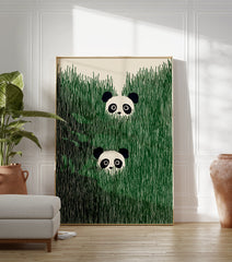 Two cute panda faces peeking out of tall, vibrant green grass in an illustrative wall art print. - Image 3