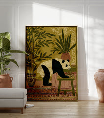 Illustrated panda wall art print in an indoor setting with bamboo plants, a patterned rug, and a stool. - Image 3