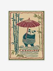 Illustrated panda holding a red umbrella with bamboo stalks in a Japanese style art print on a light background.