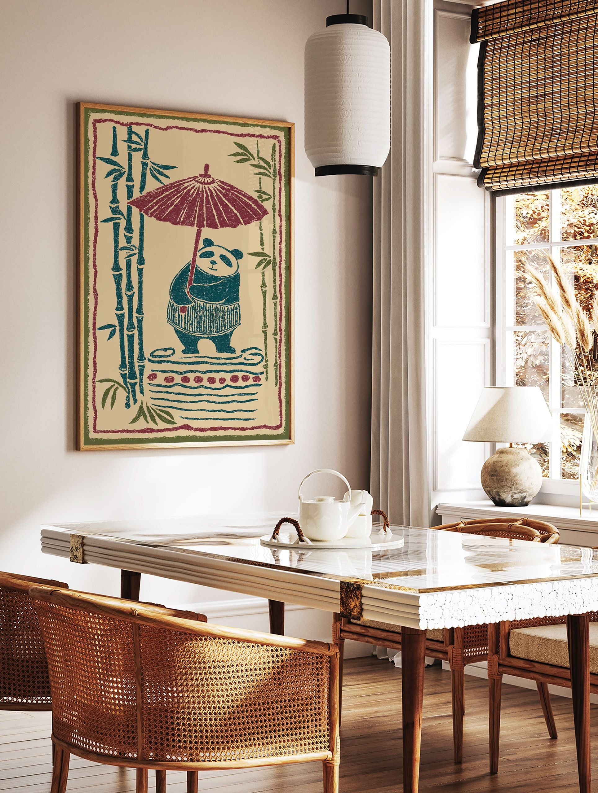 Illustrated panda holding a red umbrella with bamboo stalks in a Japanese style art print on a light background. - Image 2