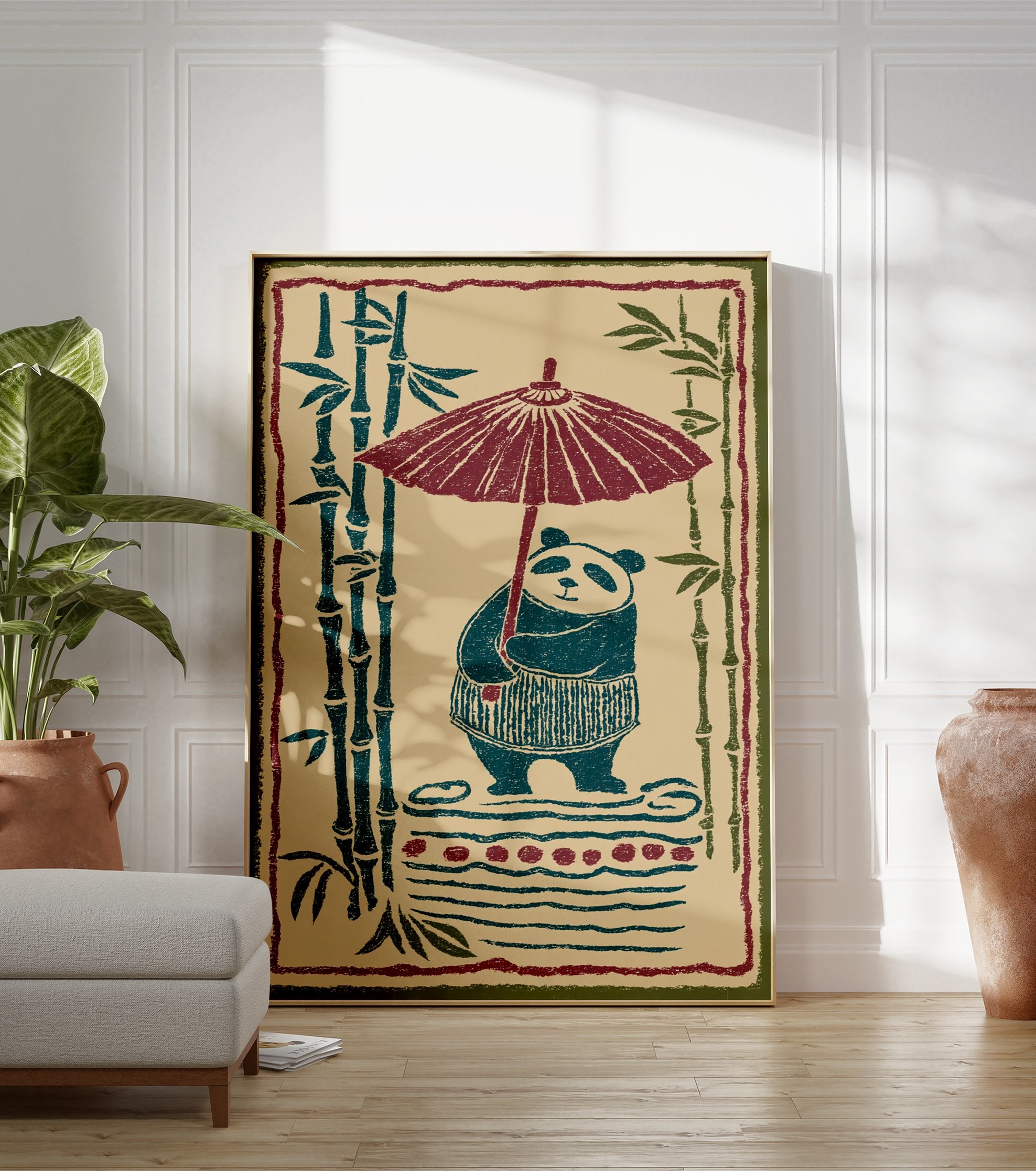 Illustrated panda holding a red umbrella with bamboo stalks in a Japanese style art print on a light background. - Image 3