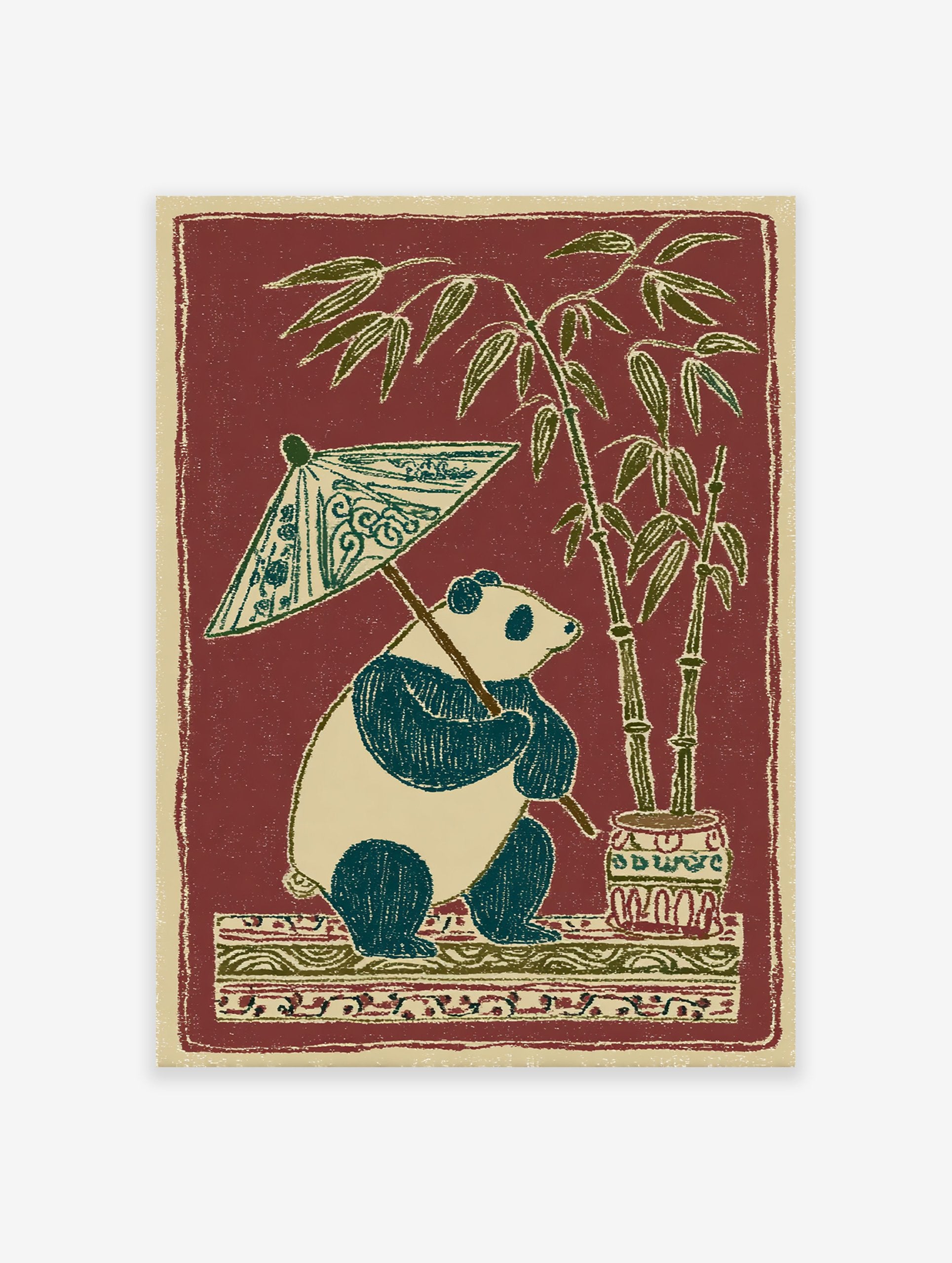 Illustrative panda holding a patterned umbrella next to potted bamboo plants on a decorative base against a red background.