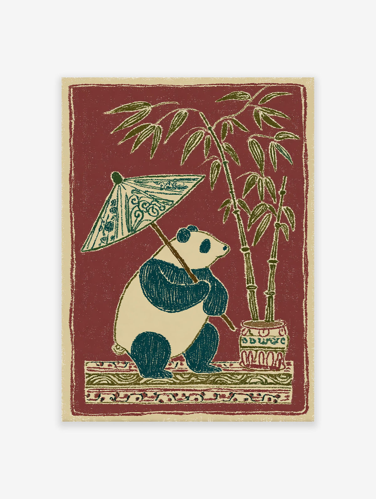 Illustrative panda holding a patterned umbrella next to potted bamboo plants on a decorative base against a red background.
