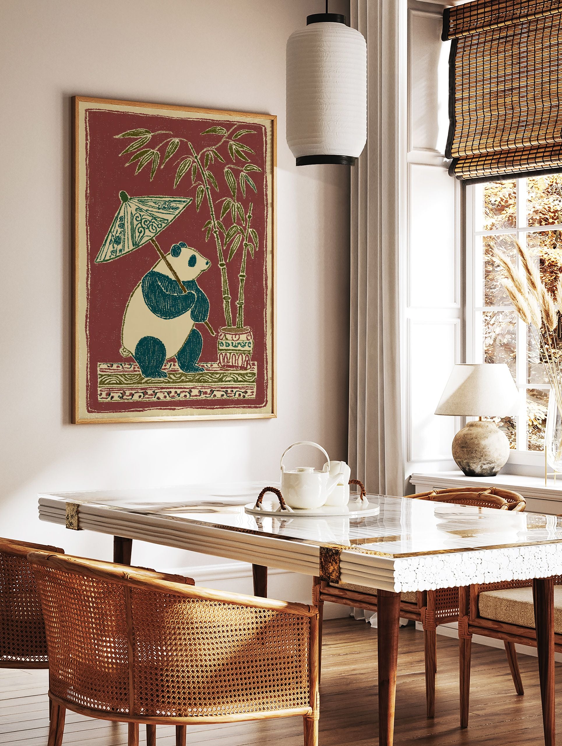 Illustrative panda holding a patterned umbrella next to potted bamboo plants on a decorative base against a red background. - Image 2