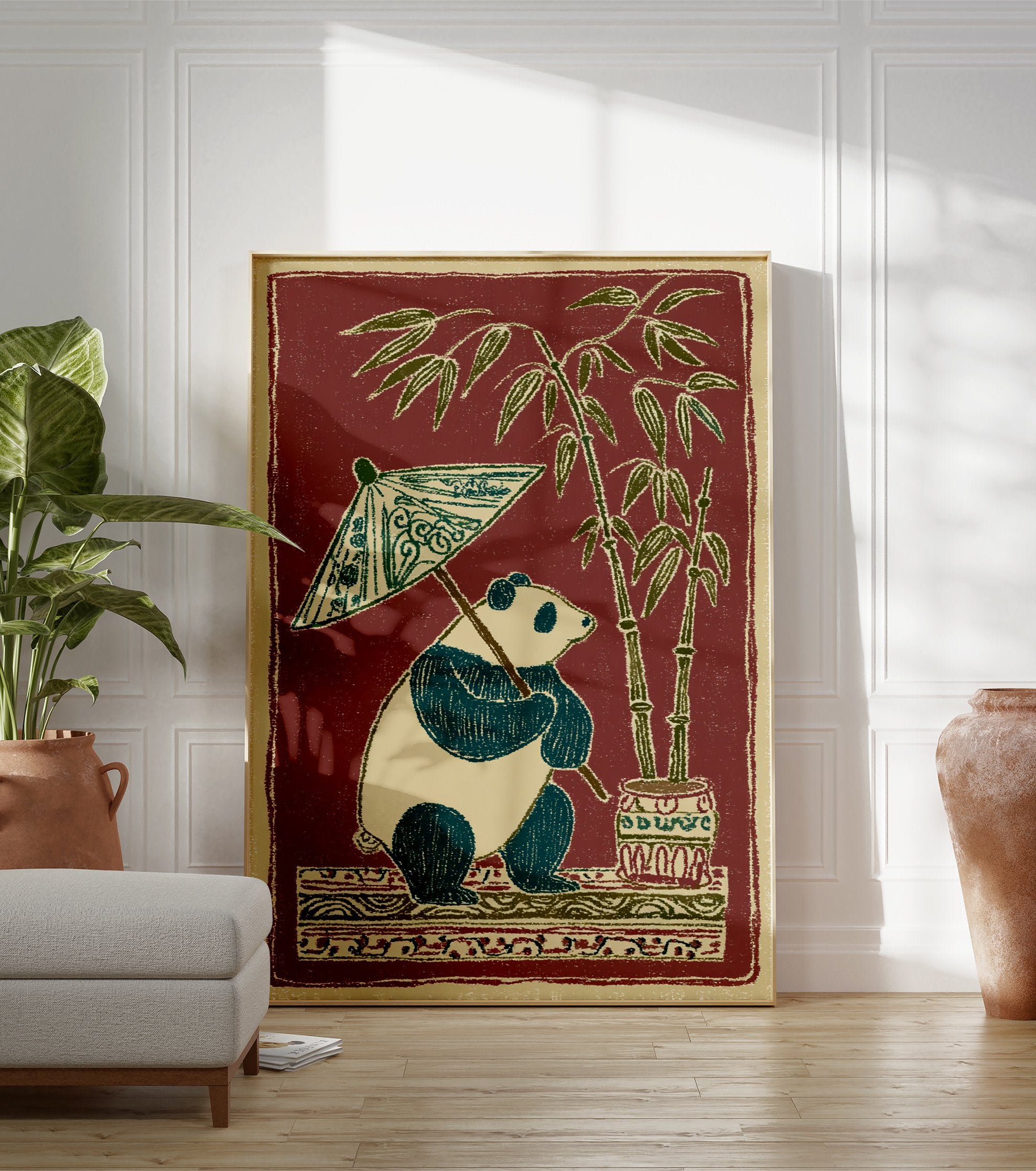 Illustrative panda holding a patterned umbrella next to potted bamboo plants on a decorative base against a red background. - Image 3
