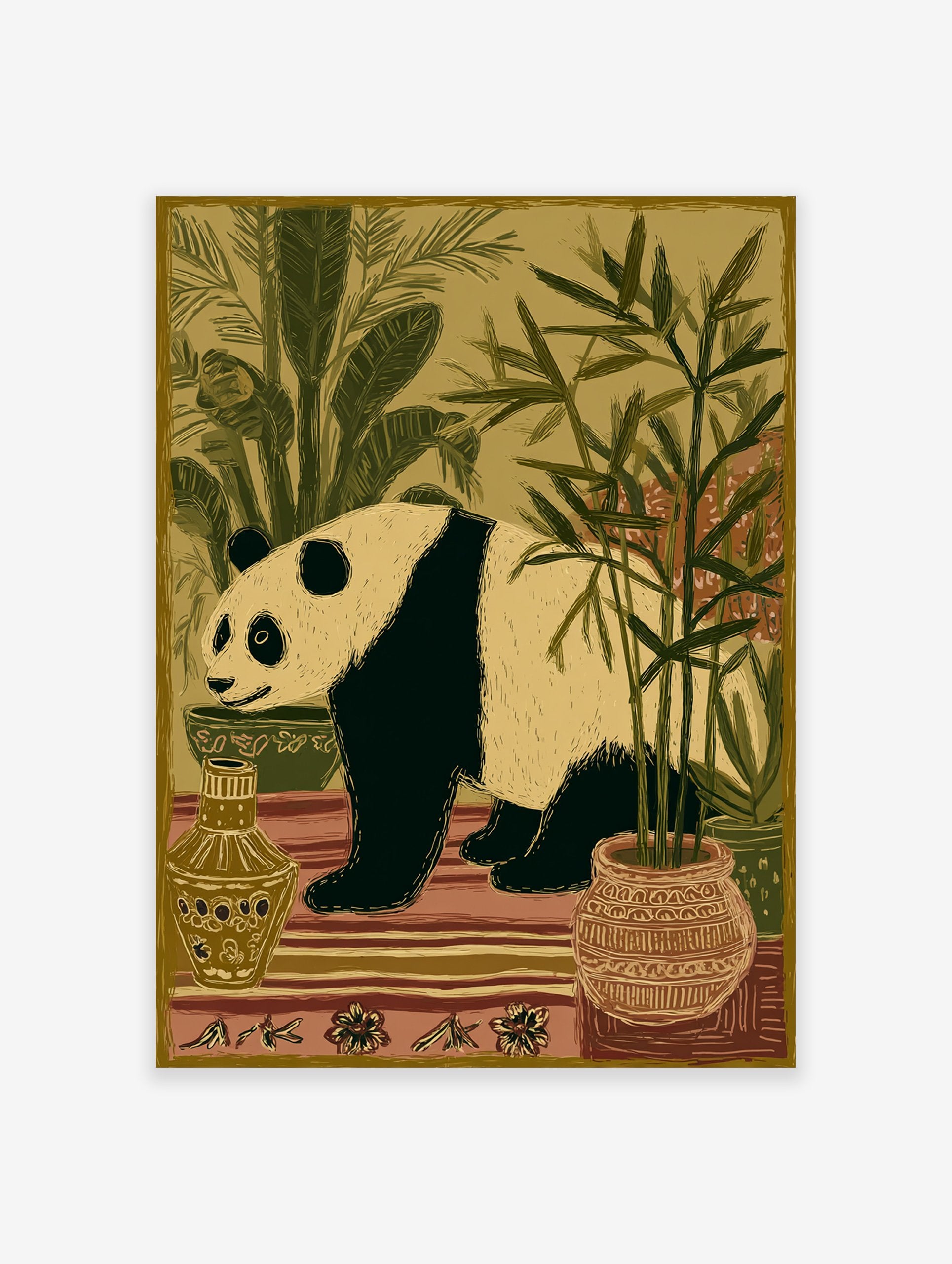 Illustrative panda wall art print with black and beige panda surrounded by green bamboo and plants in earth tone pots.