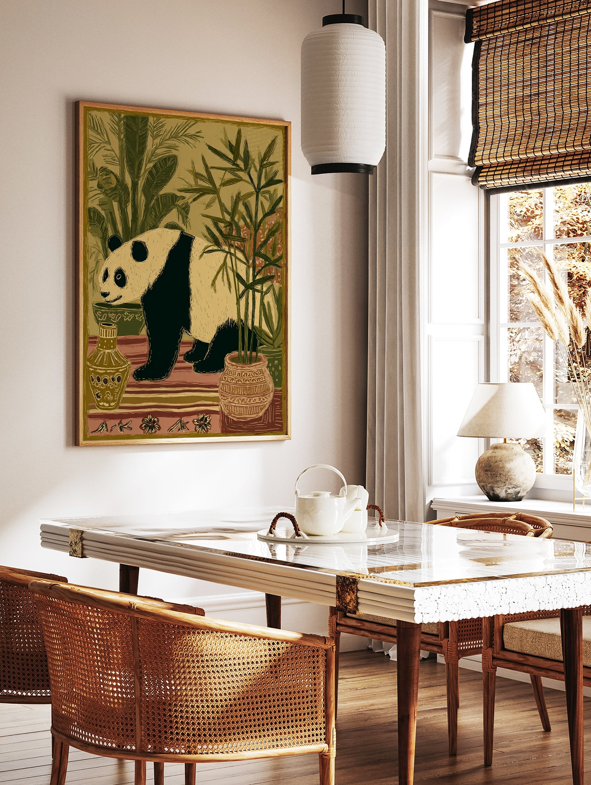 Illustrative panda wall art print with black and beige panda surrounded by green bamboo and plants in earth tone pots. - Image 2