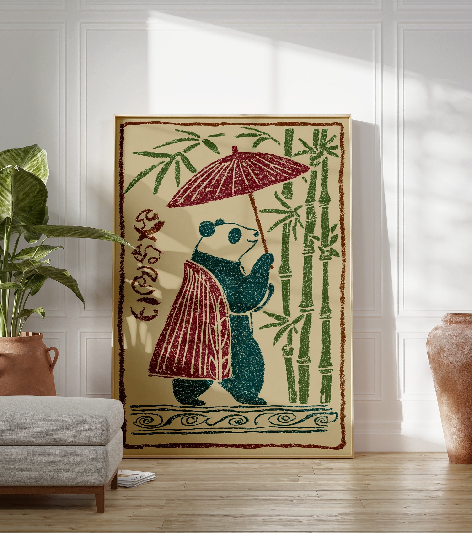 Japanese panda illustration walking with an umbrella and wearing a cape, surrounded by green bamboo stalks on a beige background. - Image 3