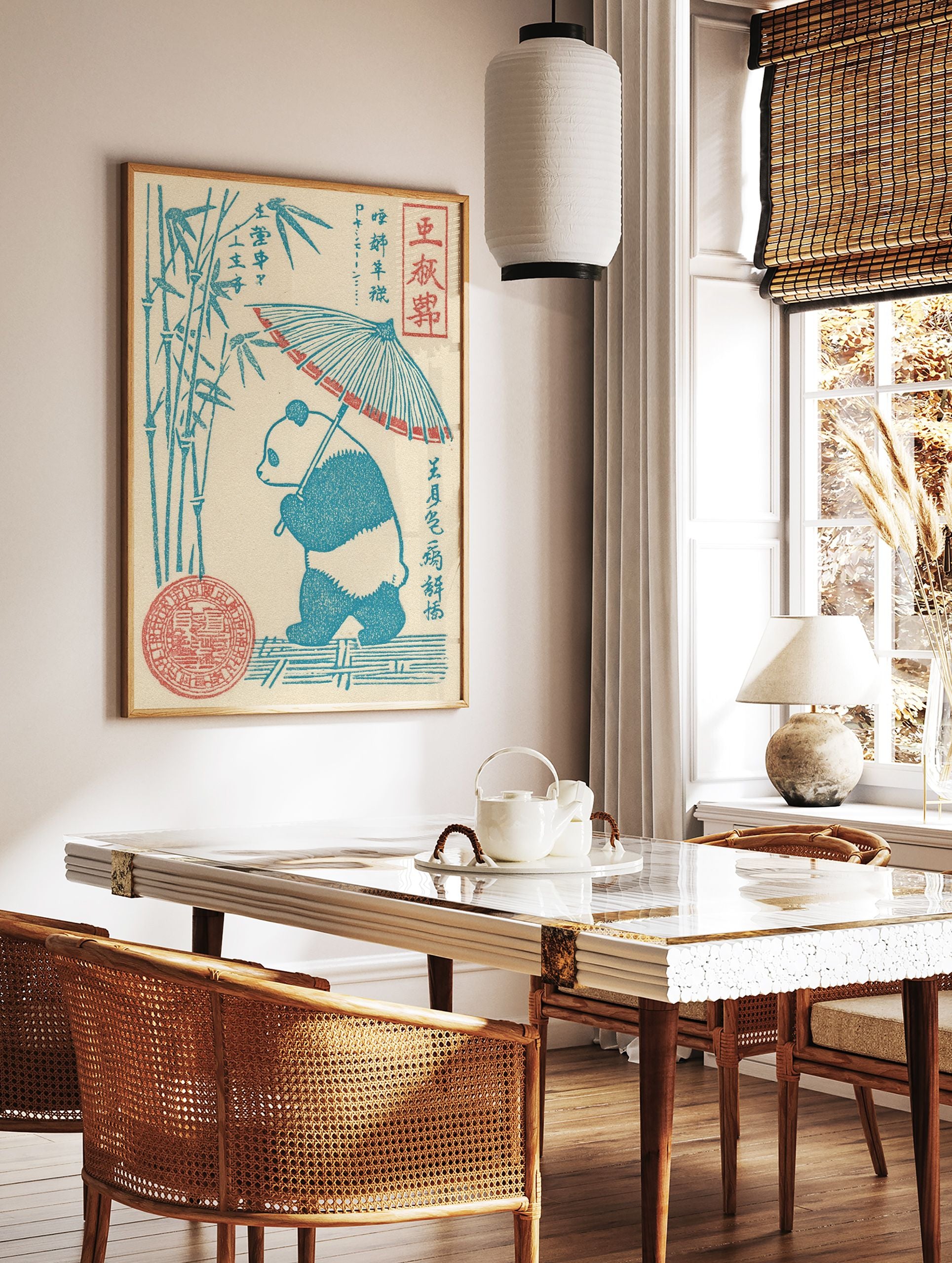 Japanese style illustration of a panda holding an umbrella next to bamboo stalks, with Japanese script and a red seal. - Image 2