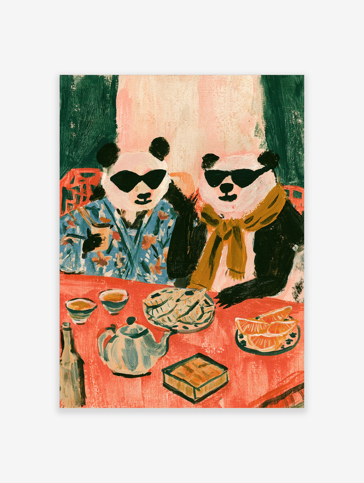 Two pandas in sunglasses at a red table with dim sum, teapot and orange slices, colourful animal poster