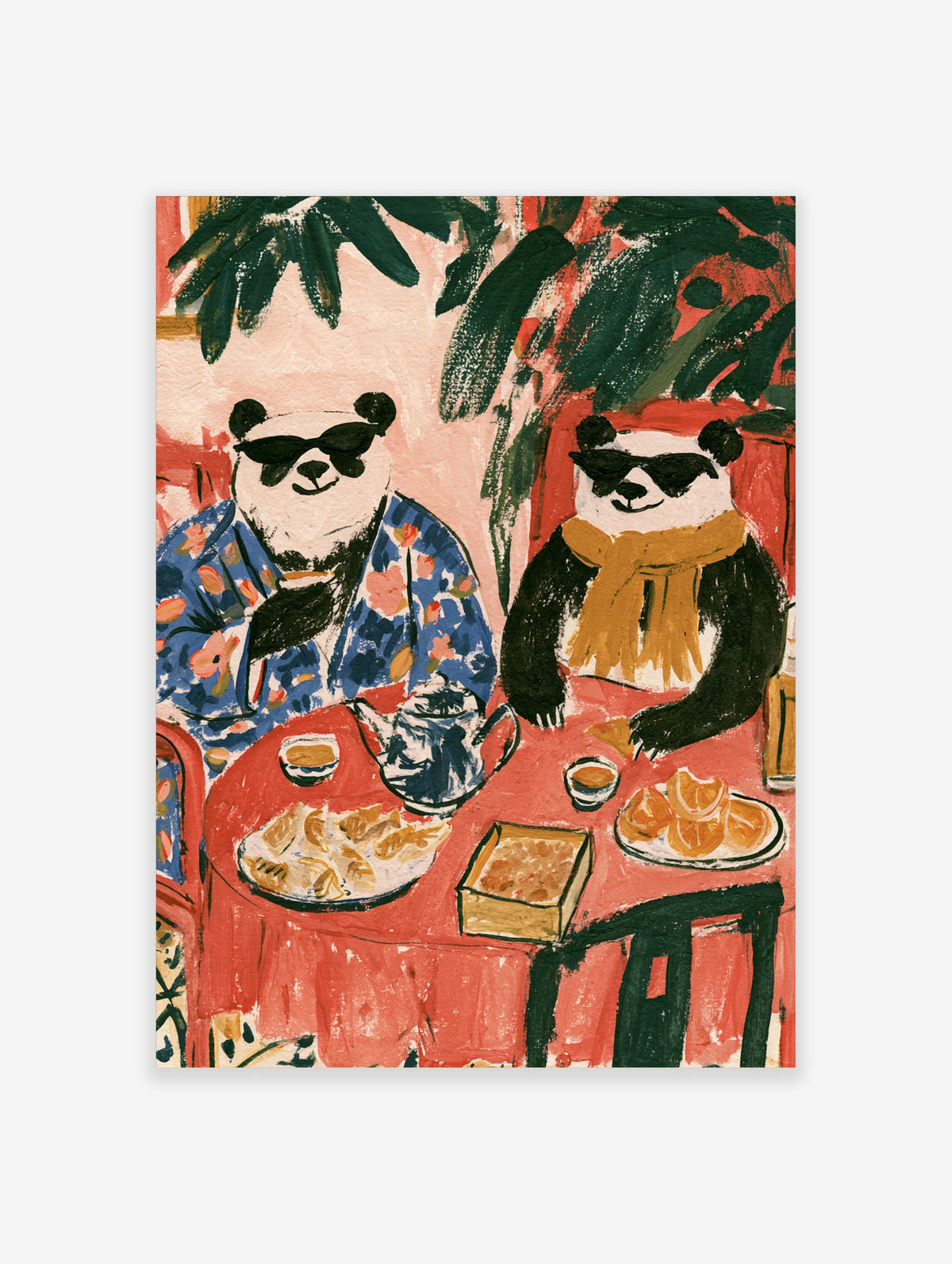 Two pandas in sunglasses and scarves at a red table with dim sum, teapot and oranges