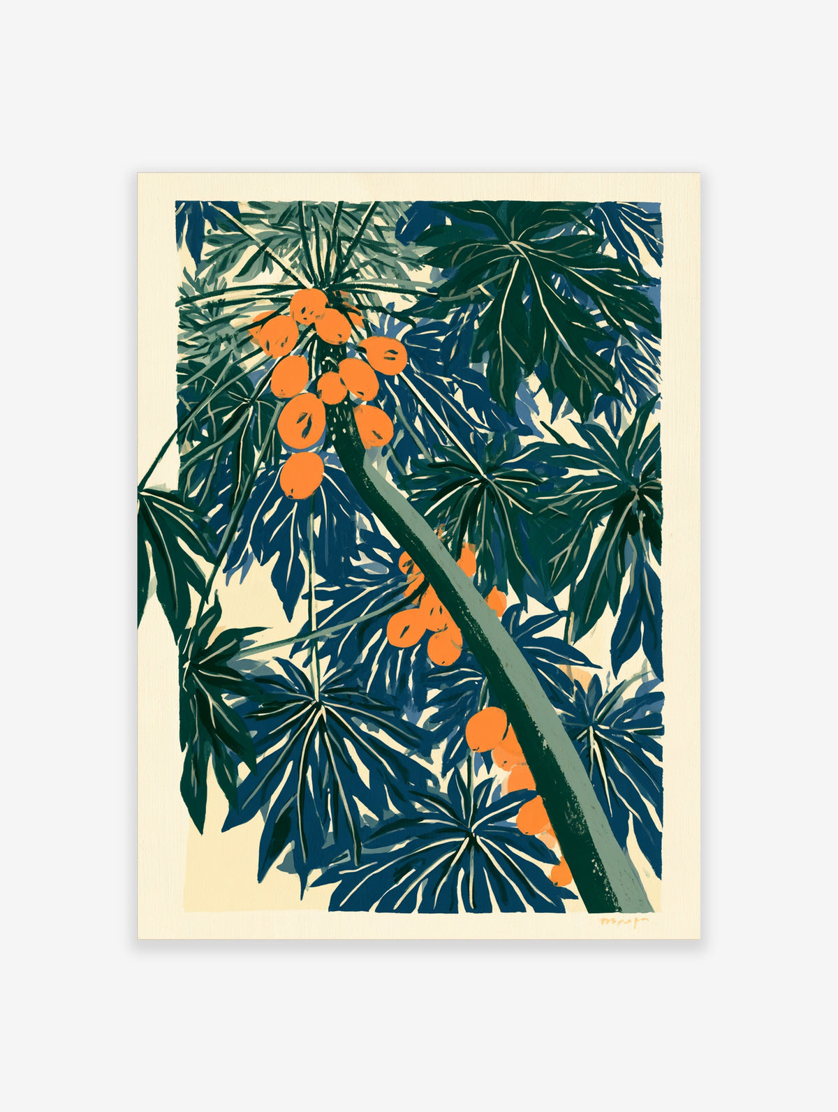 Tropical papaya fruit wall art with orange fruit clusters and dark green palmate leaves on cream