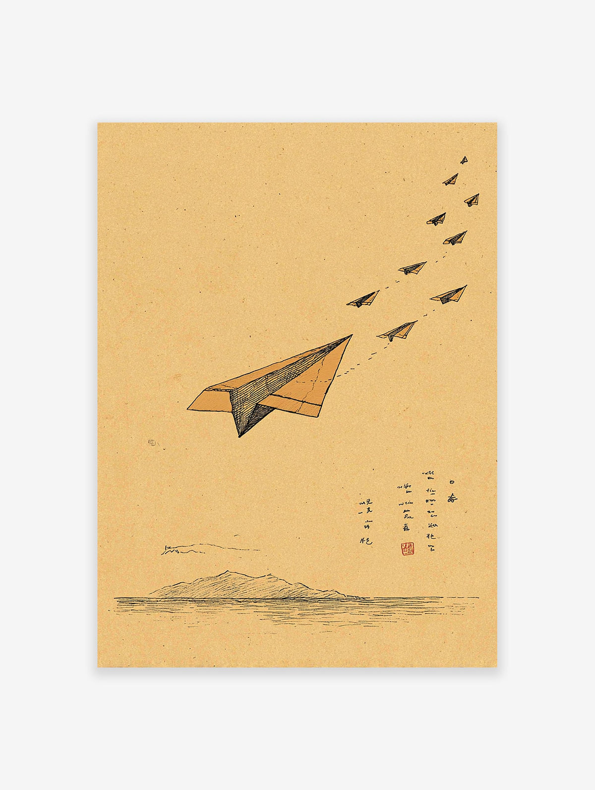 Minimalist paper airplane illustration wall art with mountains and water on a brown background, featuring a lead paper plane.