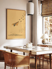 Minimalist paper airplane illustration wall art with mountains and water on a brown background, featuring a lead paper plane. - Image 3