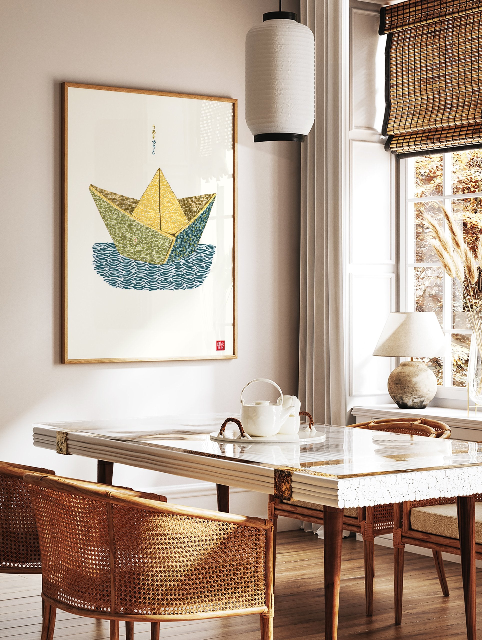Illustrated paper boat art print with Japanese calligraphy on white background, featuring yellow, green, and blue colors. - Image 2