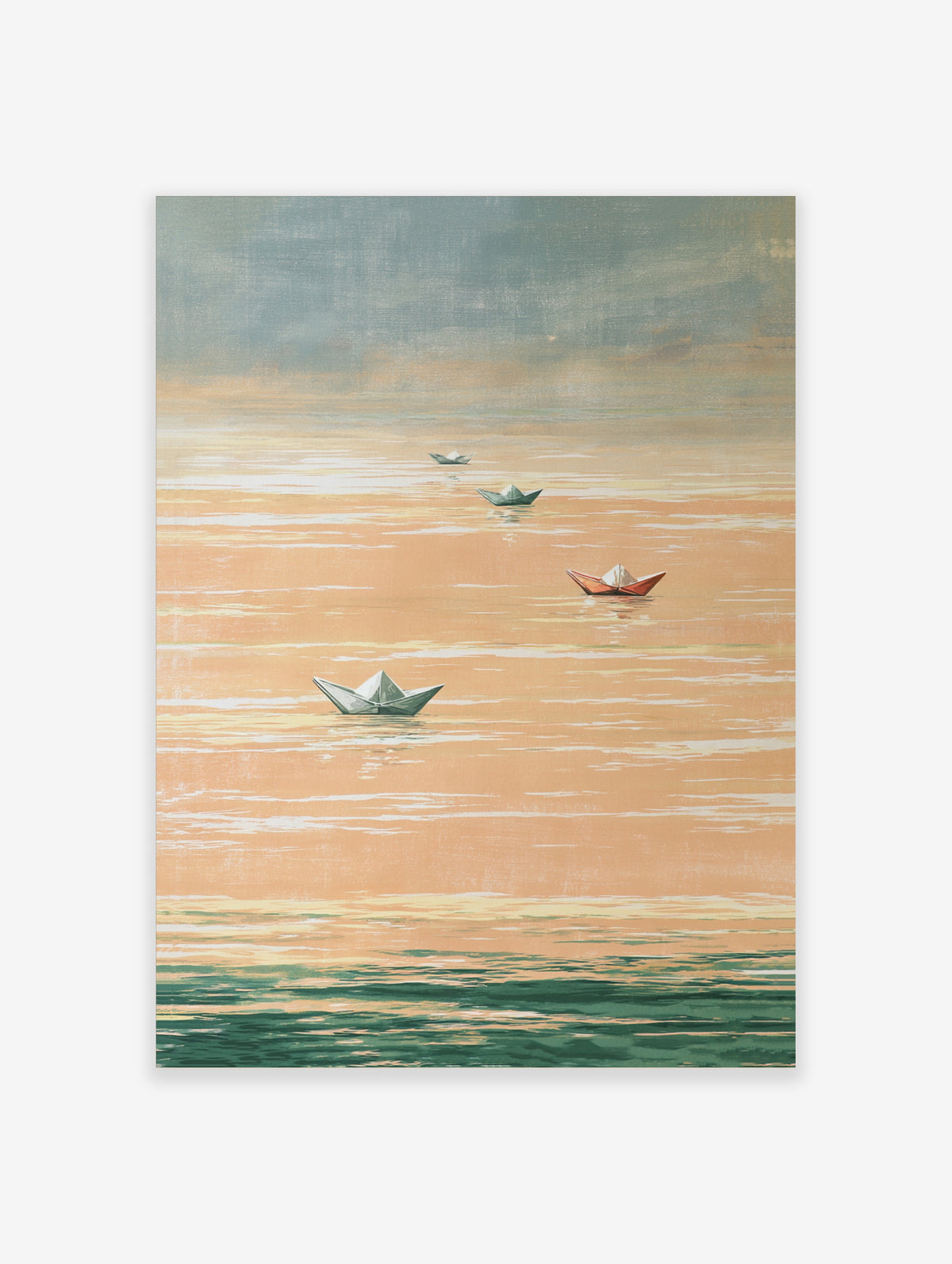 Minimalist paper boat sailing print with four origami boats on peach and green water