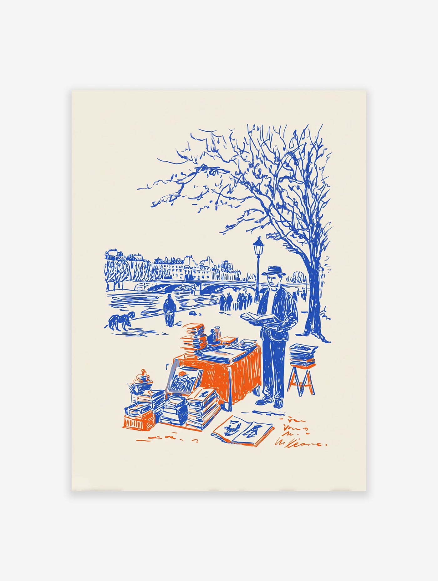 Paris bookseller poster illustration in blue and orange, depicting a bouquiniste by the Seine River with a bridge and city in background.