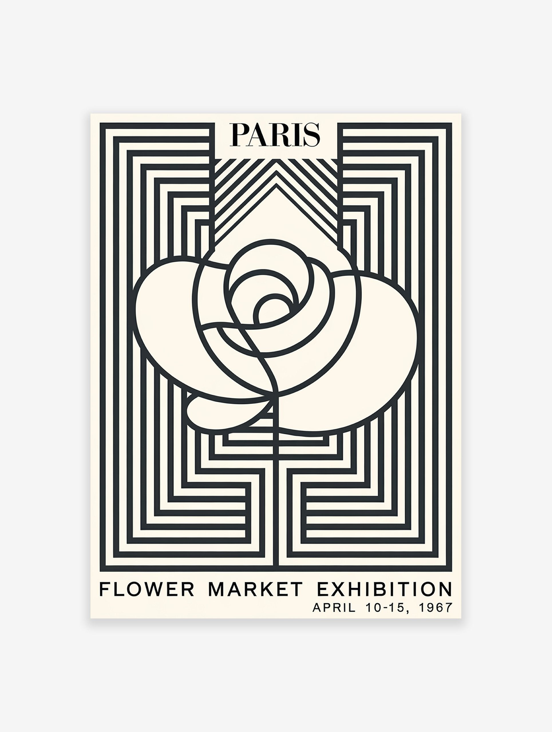 Paris Flower Market Exhibition poster featuring a minimalist black and white rose design with geometric lines from 1967.