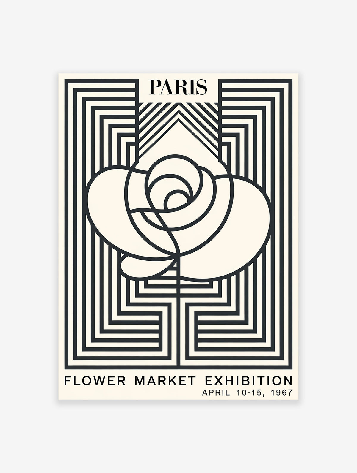 Paris Flower Market Exhibition poster featuring a minimalist black and white rose design with geometric lines from 1967.
