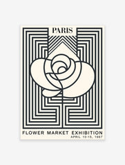 Paris Flower Market Exhibition poster featuring a minimalist black and white rose design with geometric lines from 1967.