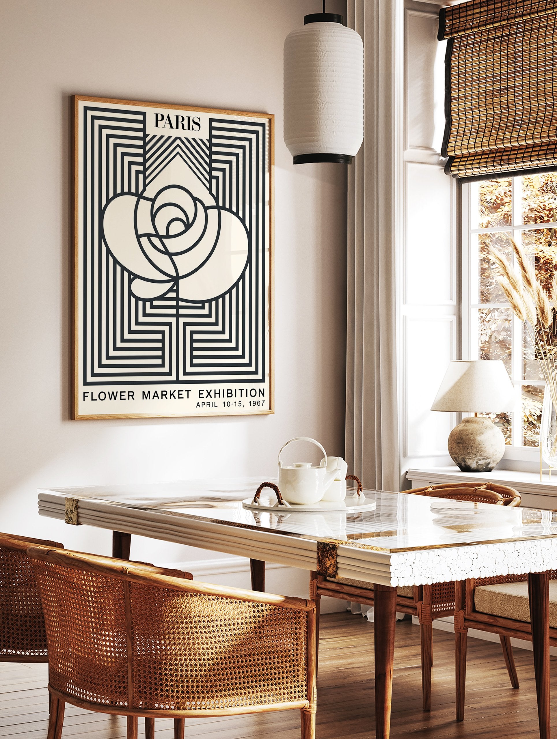 Paris Flower Market Exhibition poster featuring a minimalist black and white rose design with geometric lines from 1967. - Image 2