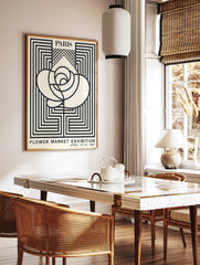 Paris Flower Market Exhibition poster featuring a minimalist black and white rose design with geometric lines from 1967. - Image 2