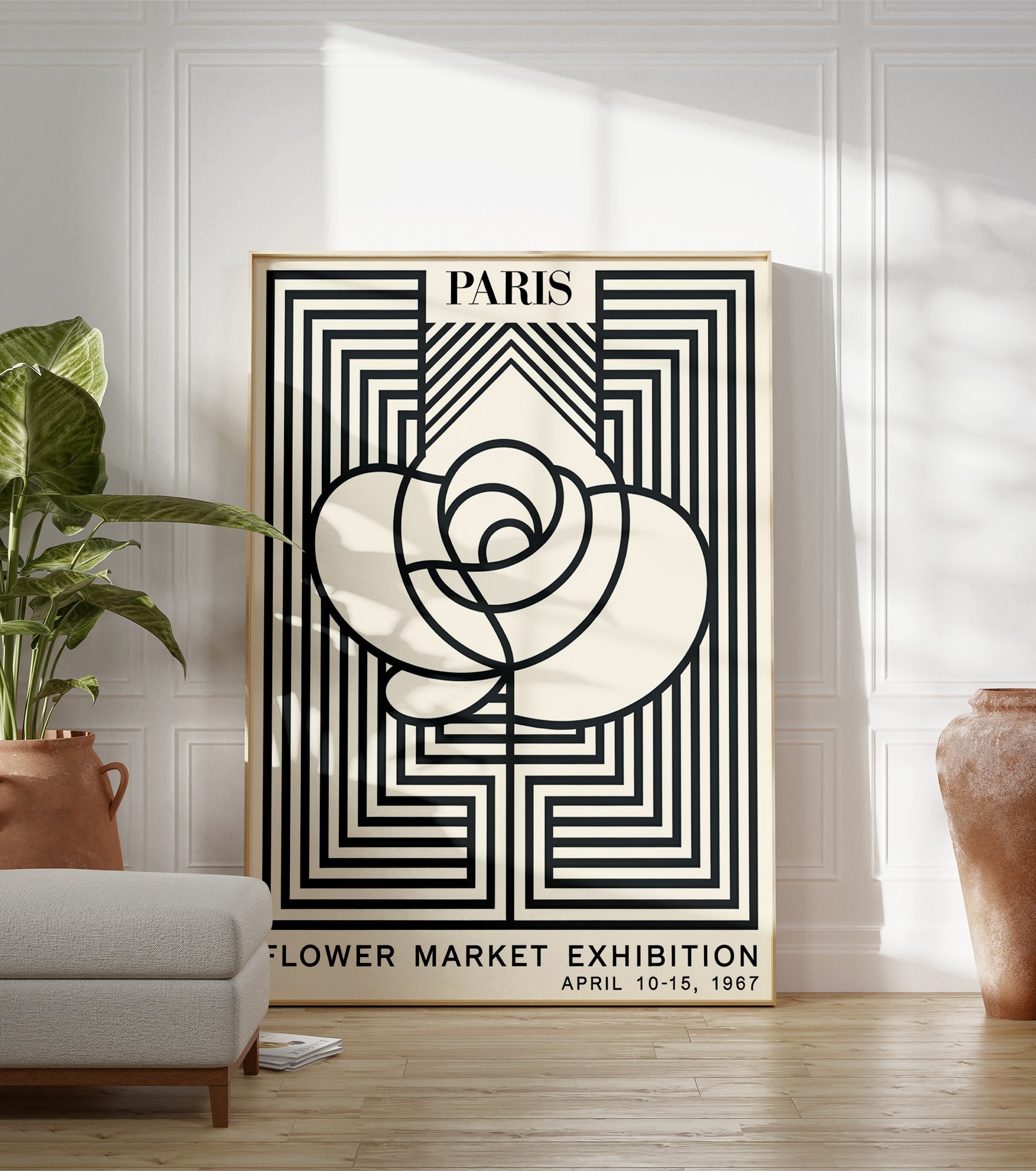 Paris Flower Market Exhibition poster featuring a minimalist black and white rose design with geometric lines from 1967. - Image 3