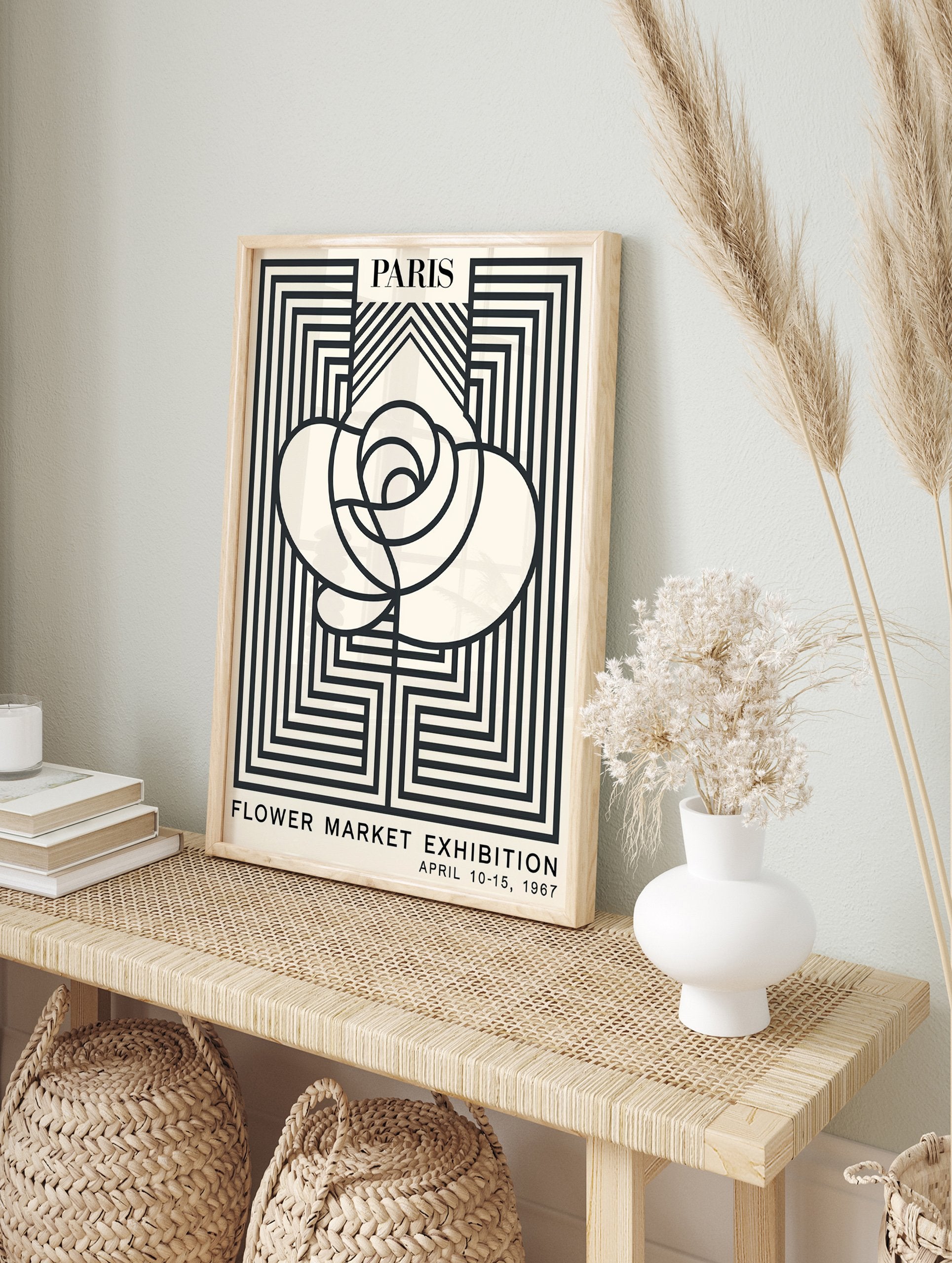 Paris Flower Market Exhibition poster featuring a minimalist black and white rose design with geometric lines from 1967. - Image 4