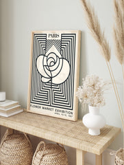 Paris Flower Market Exhibition poster featuring a minimalist black and white rose design with geometric lines from 1967. - Image 4
