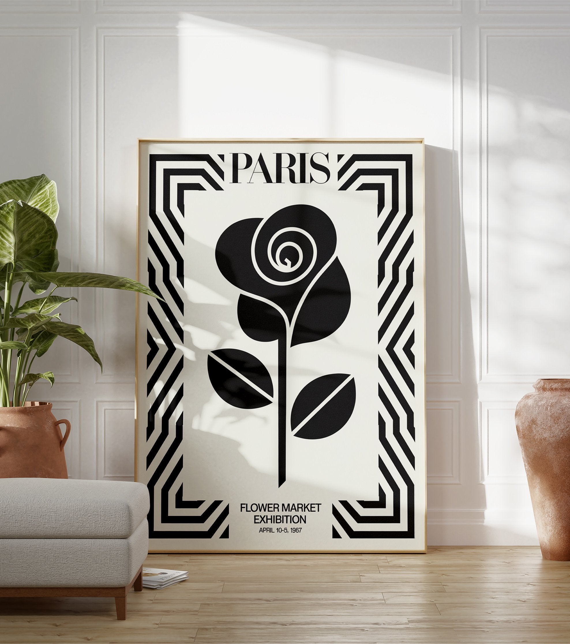 Paris Flower Market poster featuring a black rose illustration within a bold geometric black and white border and text. - Image 3