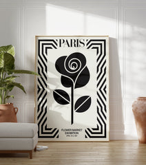 Paris Flower Market poster featuring a black rose illustration within a bold geometric black and white border and text. - Image 3