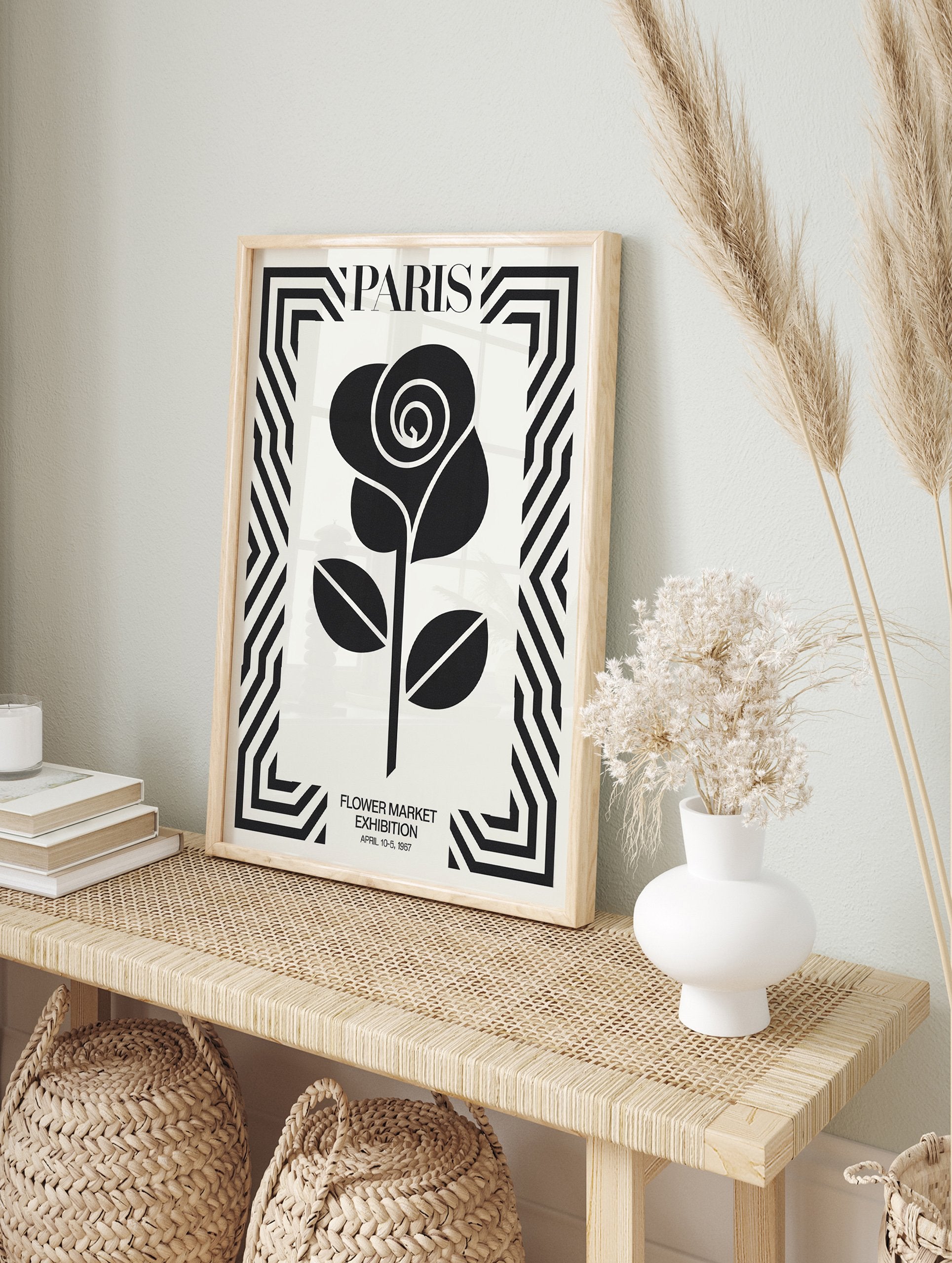 Paris Flower Market poster featuring a black rose illustration within a bold geometric black and white border and text. - Image 4