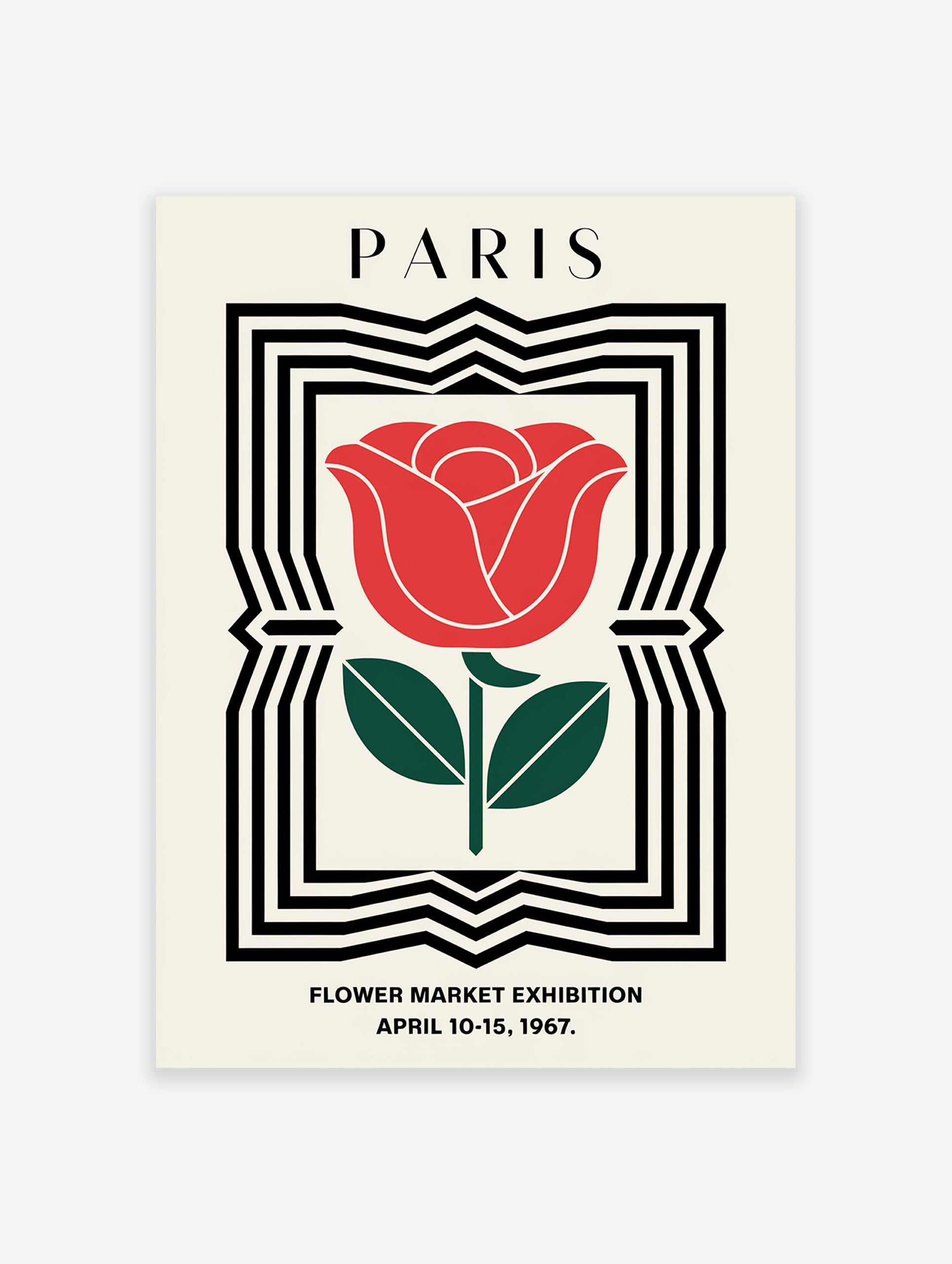 Paris Flower Market poster featuring a red rose illustration with green leaves within a black and white geometric frame.