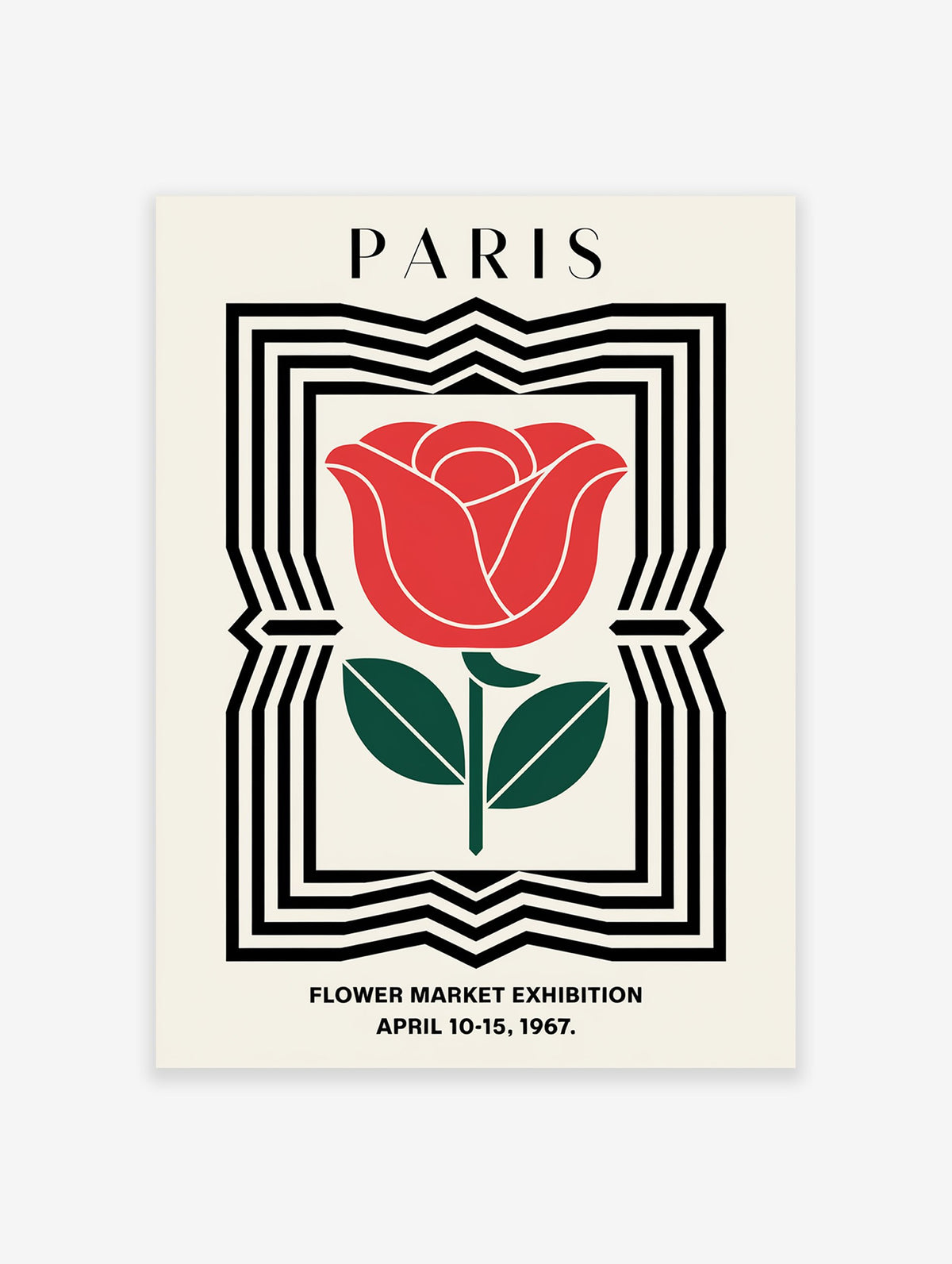 Paris Flower Market poster featuring a red rose illustration with green leaves within a black and white geometric frame.