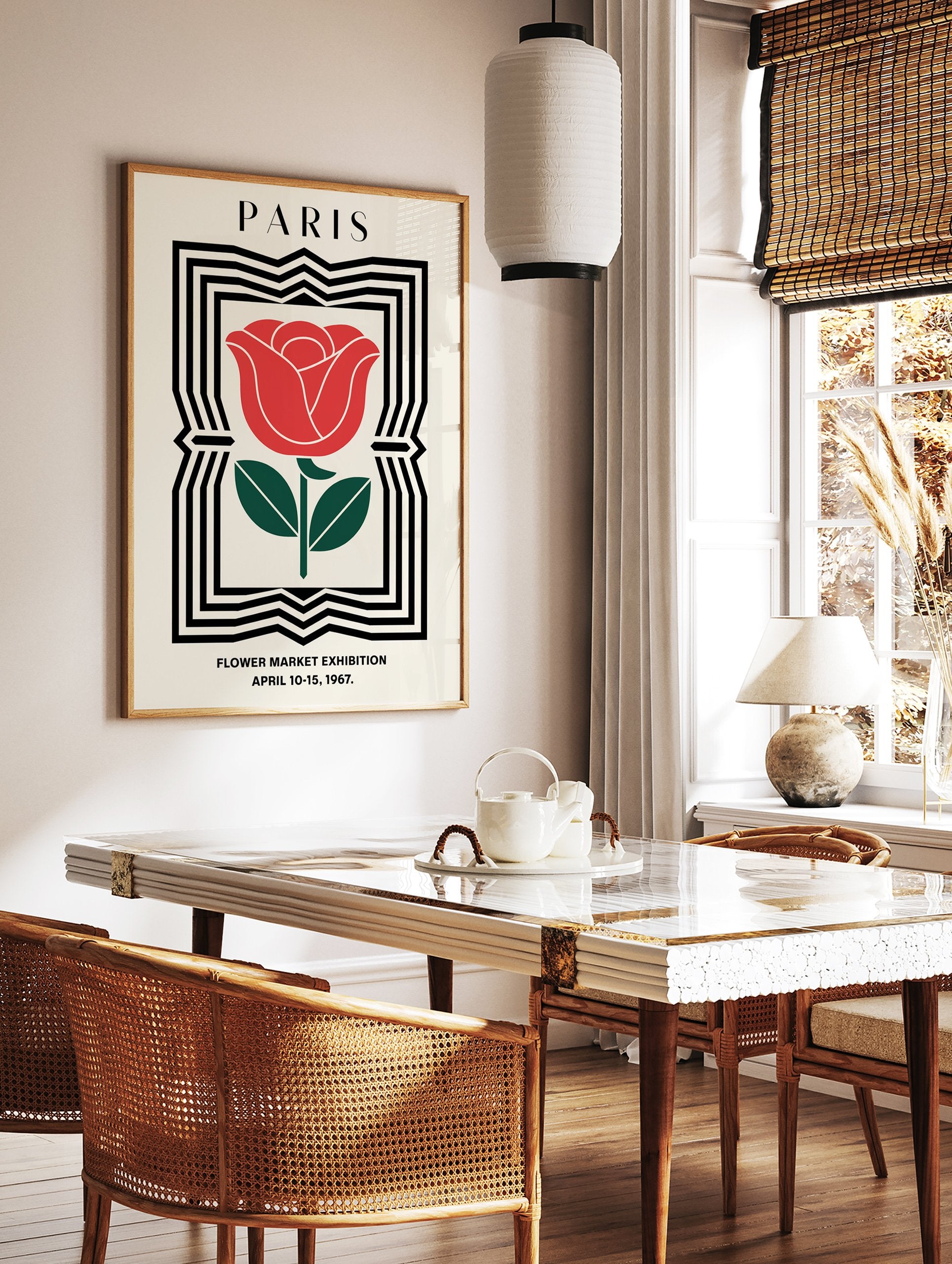 Paris Flower Market poster featuring a red rose illustration with green leaves within a black and white geometric frame. - Image 2